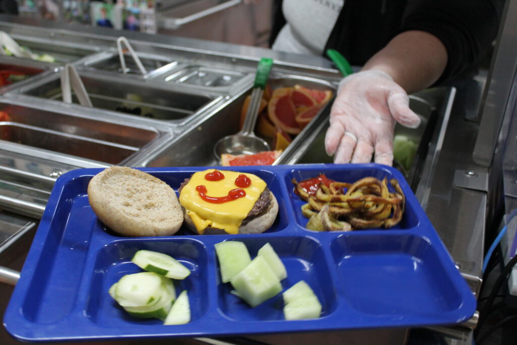 School lunch tray with food items