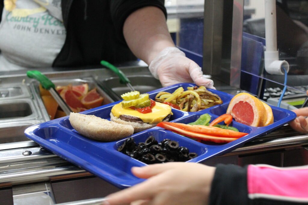 Cafeteria meal tray with burger, fruit, and veggies