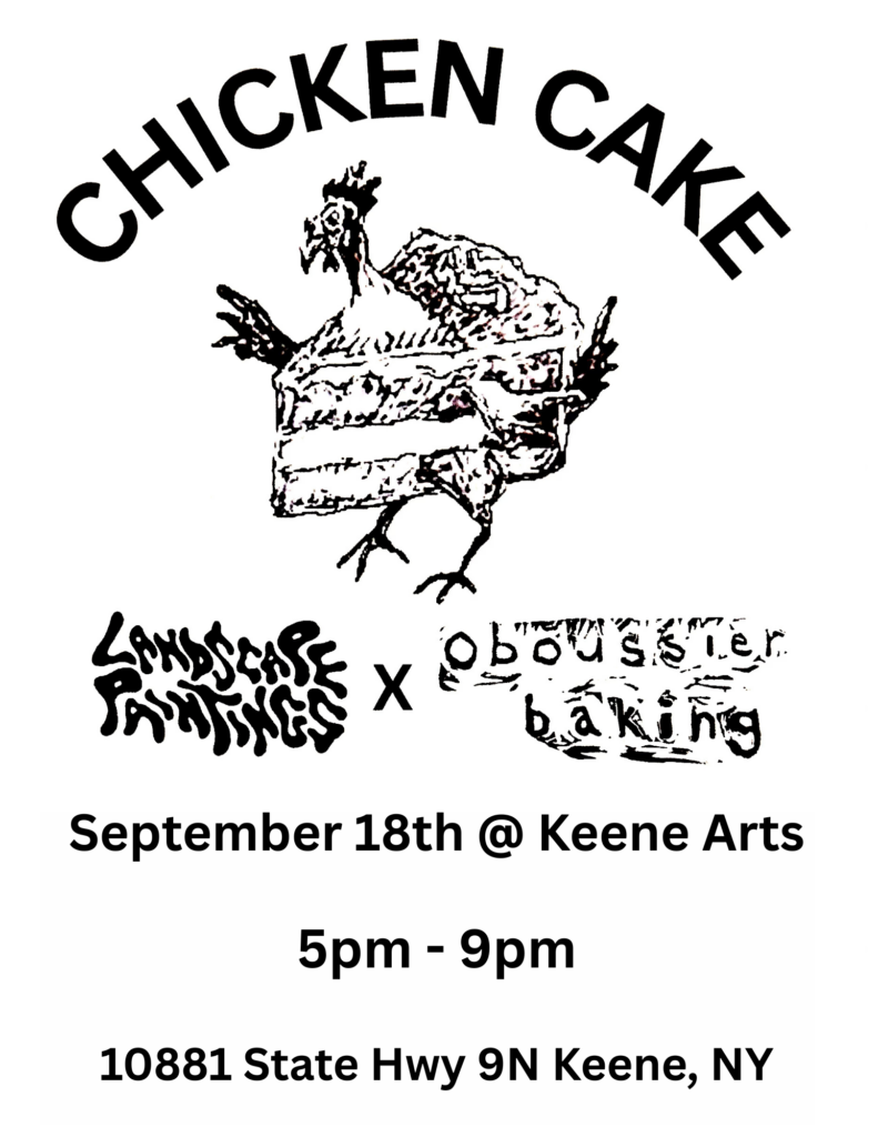Chicken Cake event poster with hand-drawn illustrations