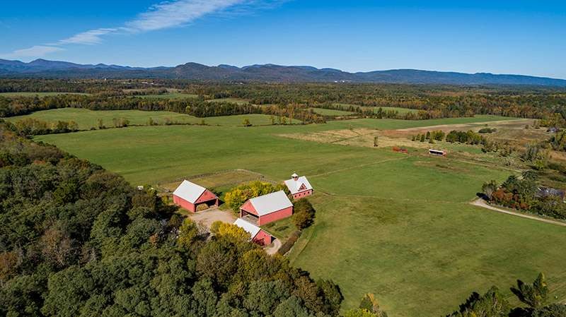 Aerial view of rural farm with red barns and green fields