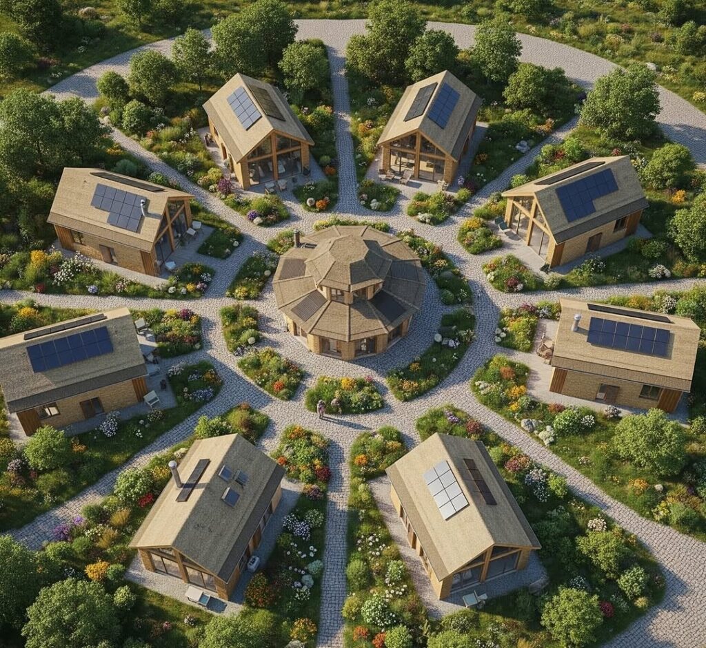 Eco-friendly village with circular layout and solar panels